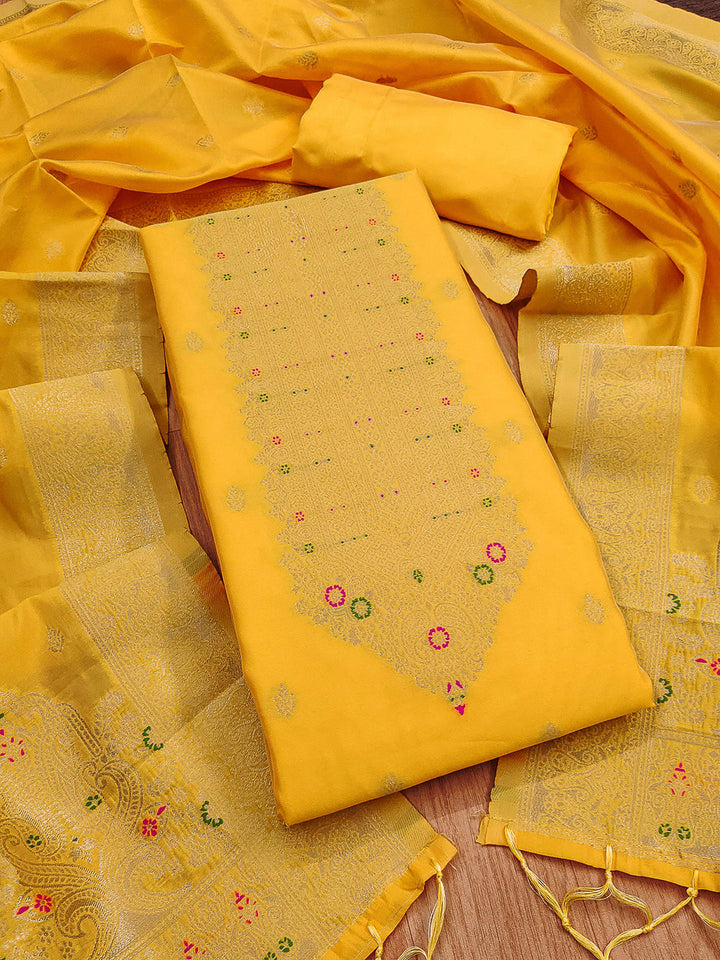 Yellow Pure Soft Banarasi Silk Woven Design Unstitched Dress Material