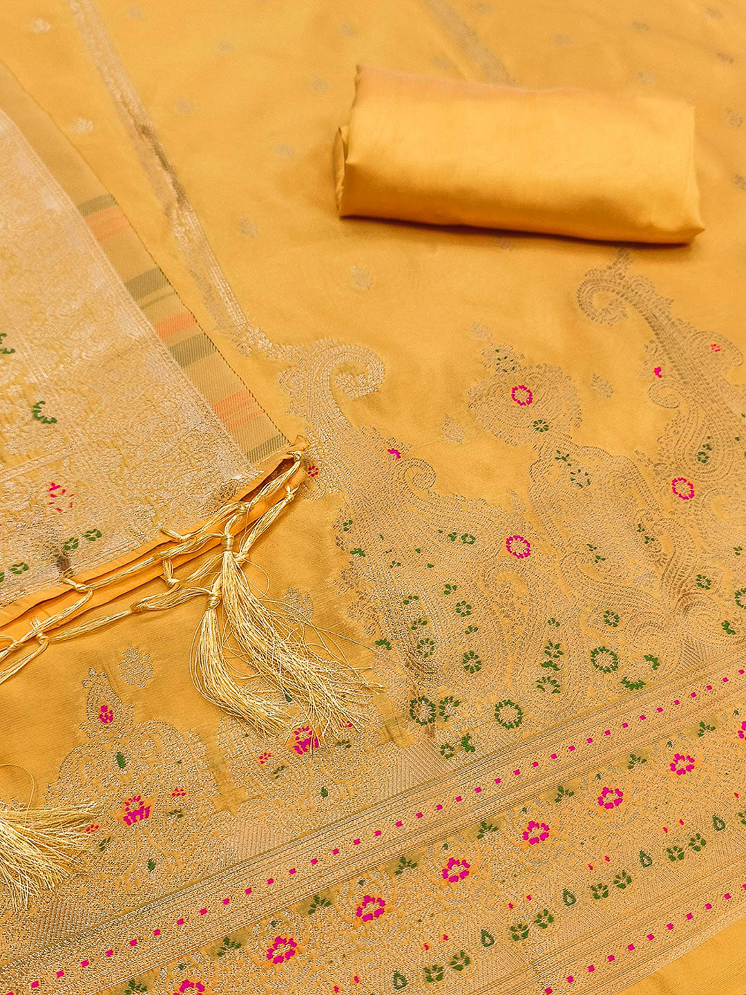 Yellow Pure Soft Banarasi Silk Woven Design Unstitched Dress Material