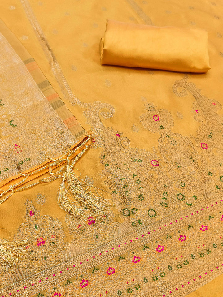 Yellow Pure Soft Banarasi Silk Woven Design Unstitched Dress Material