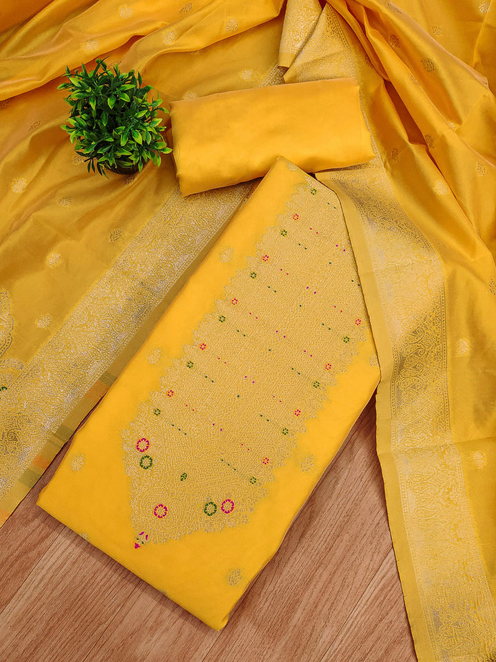Yellow Pure Soft Banarasi Silk Woven Design Unstitched Dress Material