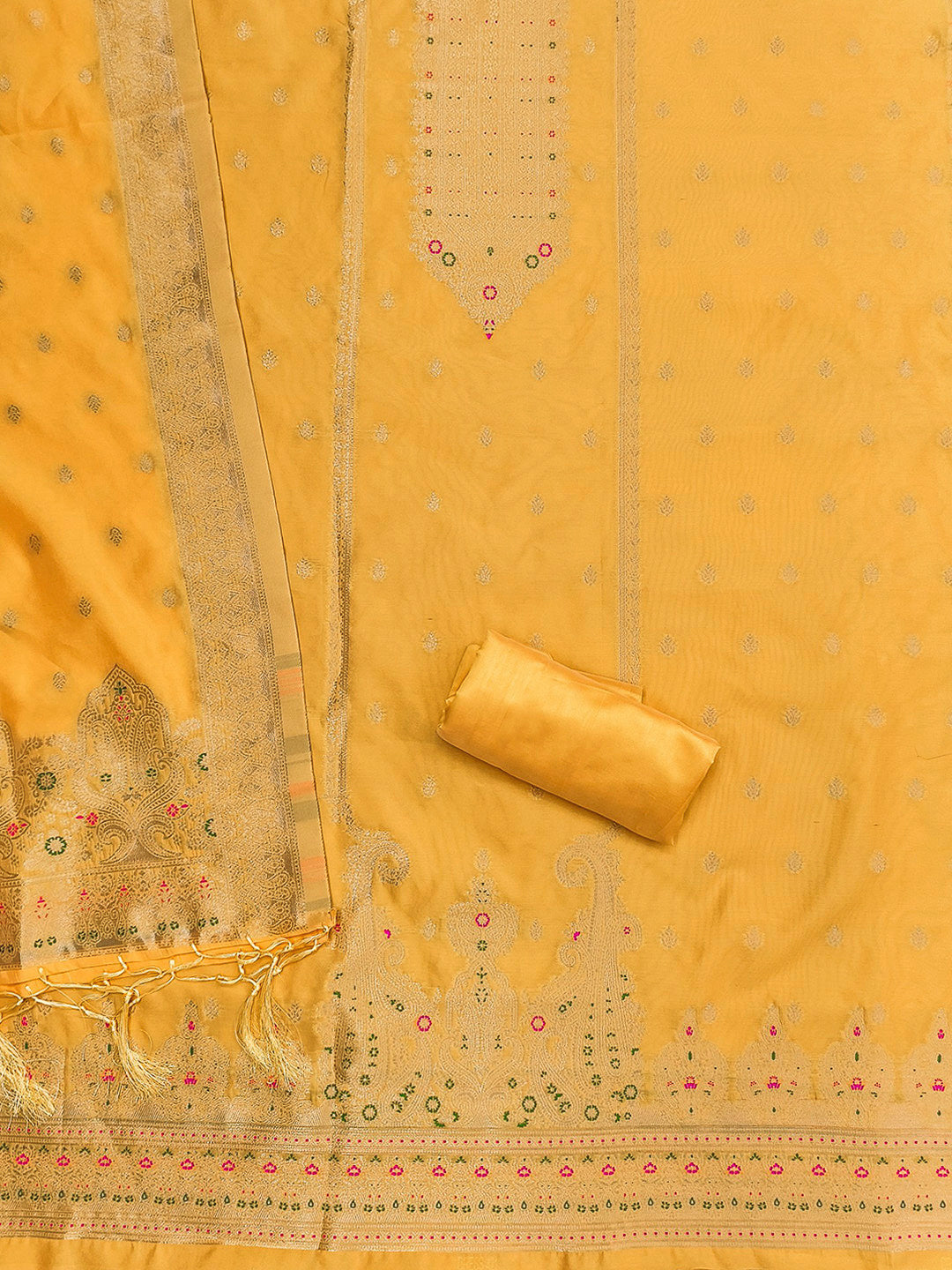 Yellow Pure Soft Banarasi Silk Woven Design Unstitched Dress Material