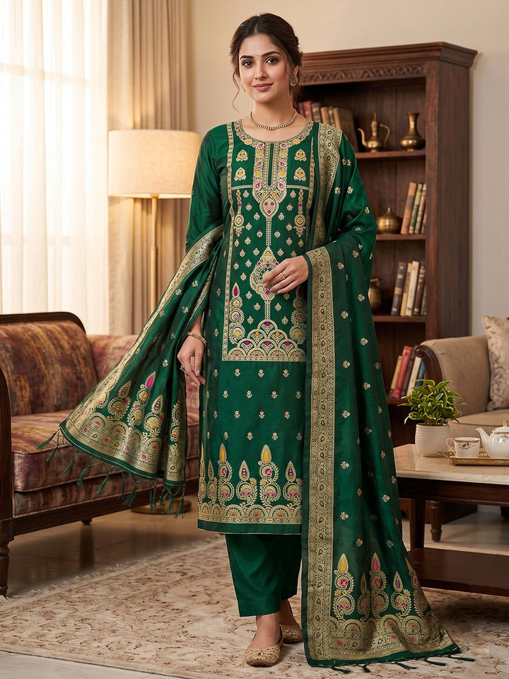 Bottle-Green Pure Soft Banarasi Silk Woven Design Unstitched Dress Material