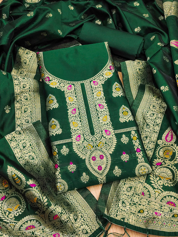 Bottle-Green Pure Soft Banarasi Silk Woven Design Unstitched Dress Material