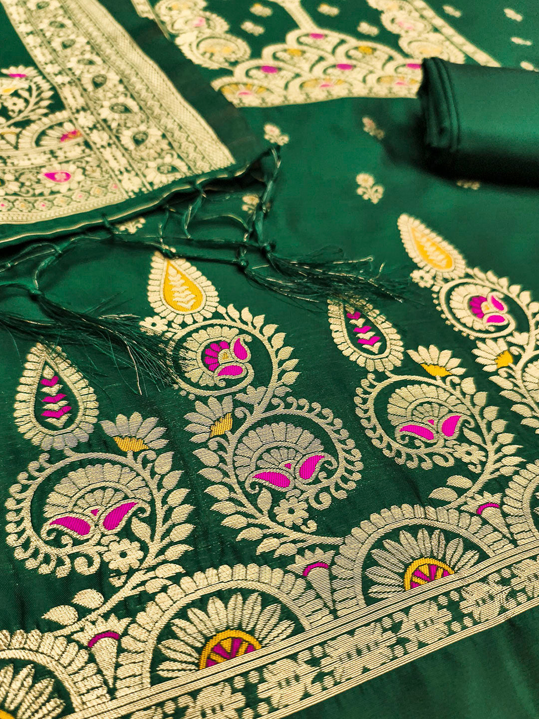 Bottle-Green Pure Soft Banarasi Silk Woven Design Unstitched Dress Material