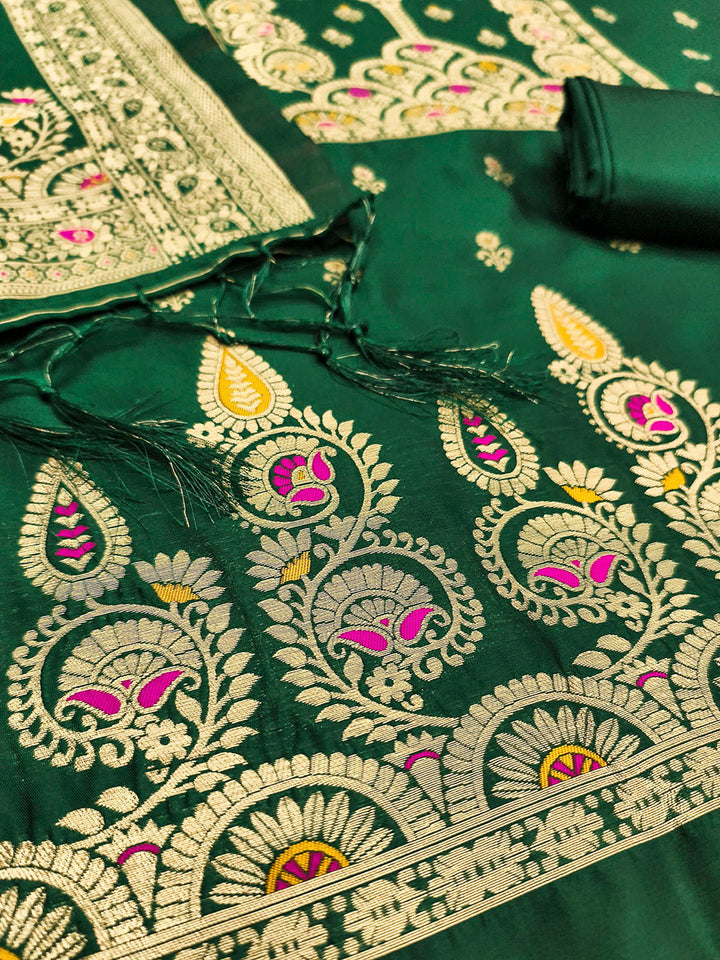 Bottle-Green Pure Soft Banarasi Silk Woven Design Unstitched Dress Material