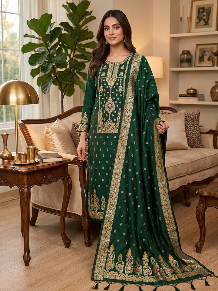 Bottle-Green Pure Soft Banarasi Silk Woven Design Unstitched Dress Material