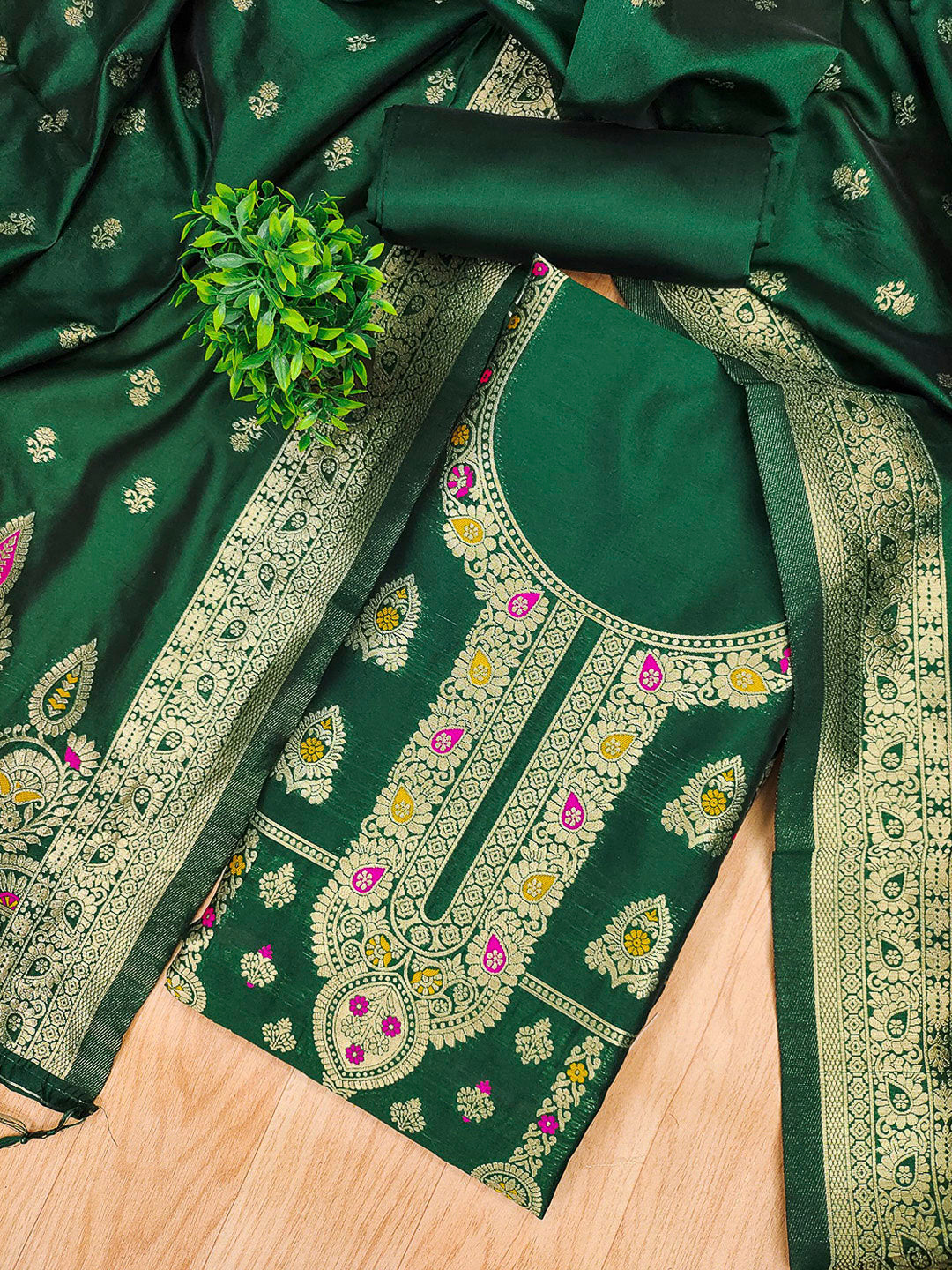 Bottle-Green Pure Soft Banarasi Silk Woven Design Unstitched Dress Material