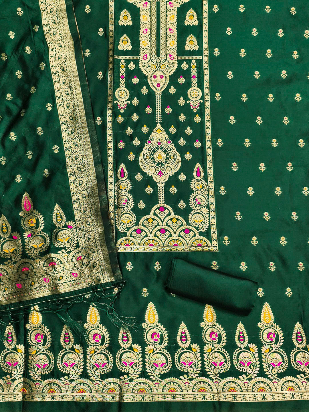 Bottle-Green Pure Soft Banarasi Silk Woven Design Unstitched Dress Material