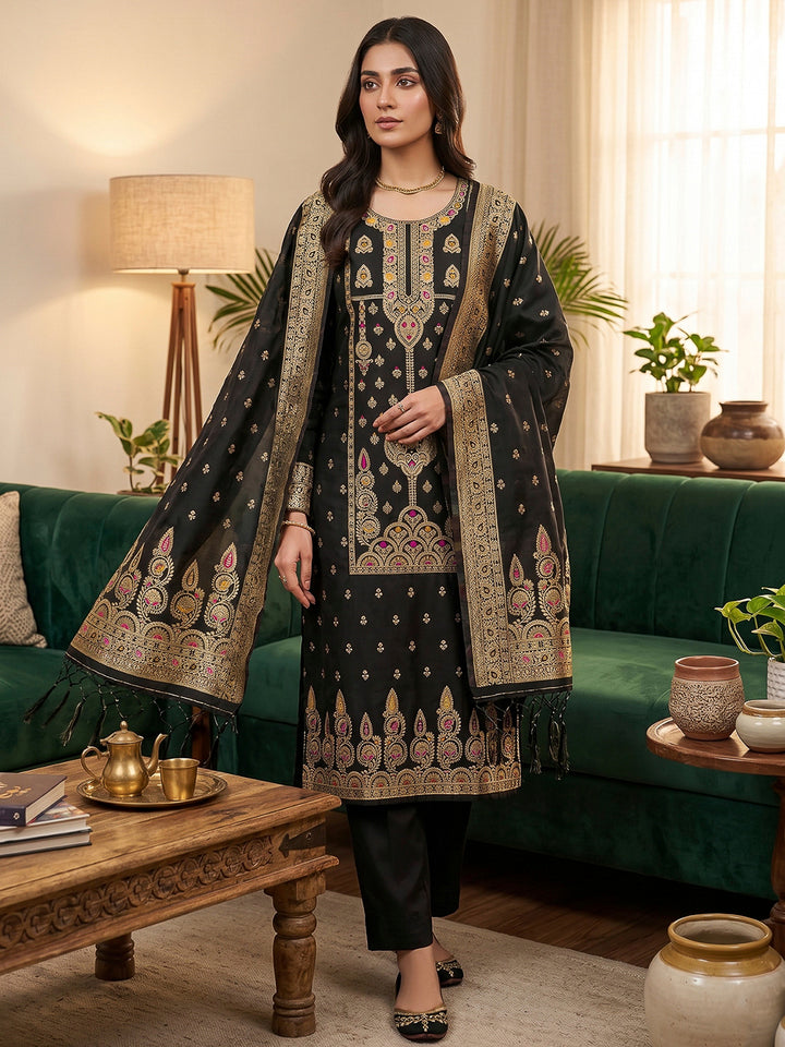 Black Pure Soft Banarasi Silk Woven Design Unstitched Dress Material