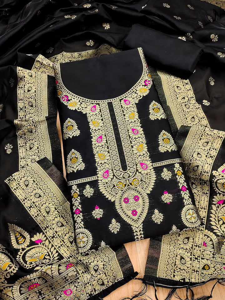 Black Pure Soft Banarasi Silk Woven Design Unstitched Dress Material