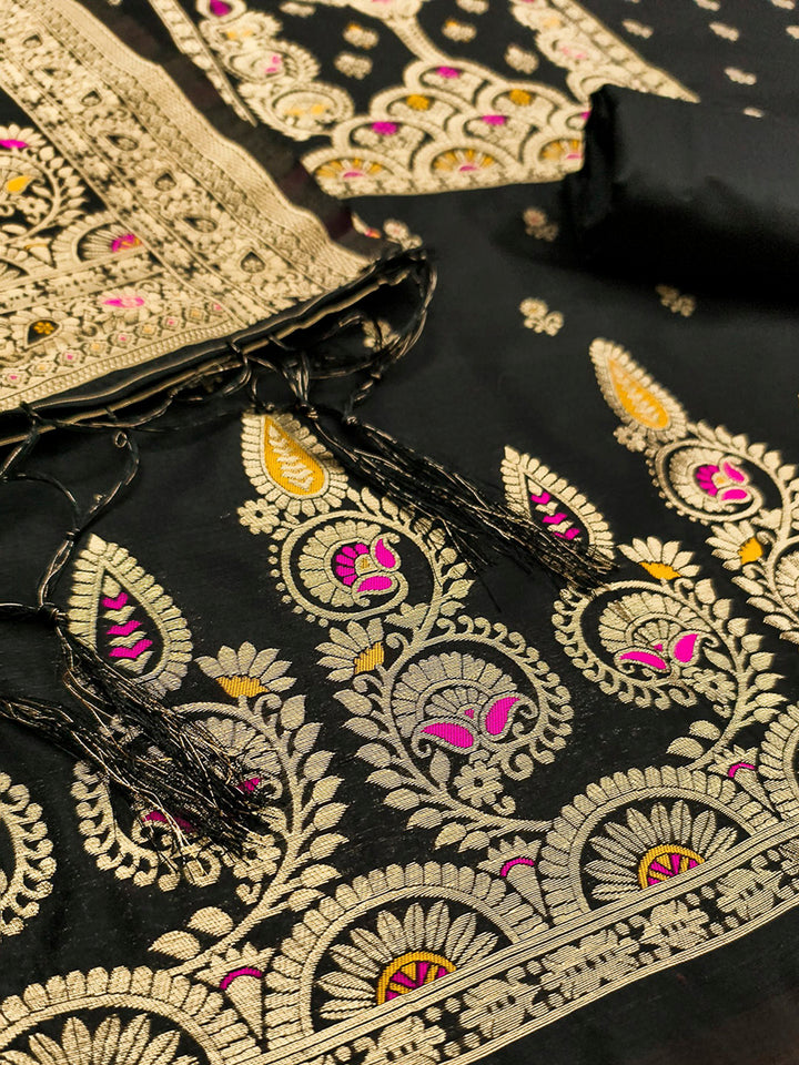 Black Pure Soft Banarasi Silk Woven Design Unstitched Dress Material