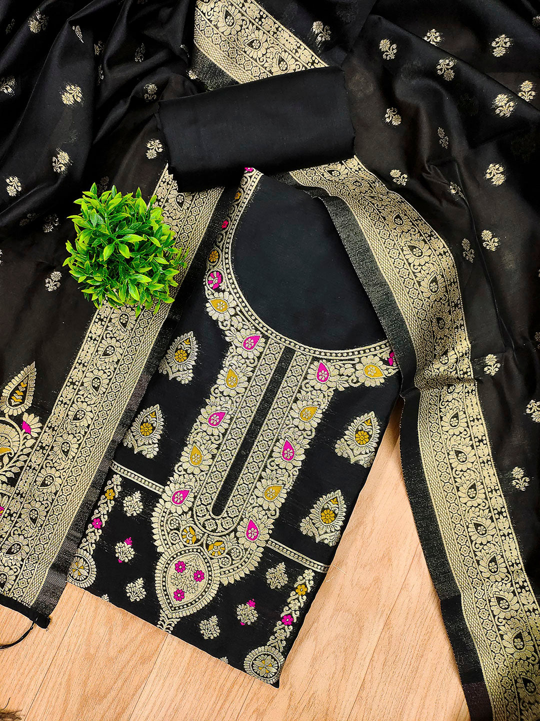 Black Pure Soft Banarasi Silk Woven Design Unstitched Dress Material