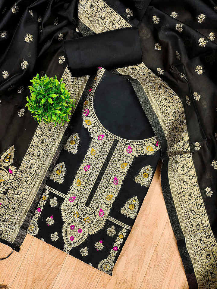 Black Pure Soft Banarasi Silk Woven Design Unstitched Dress Material