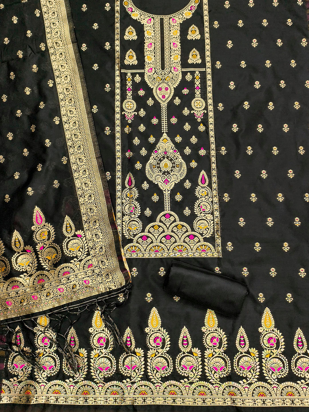 Black Pure Soft Banarasi Silk Woven Design Unstitched Dress Material