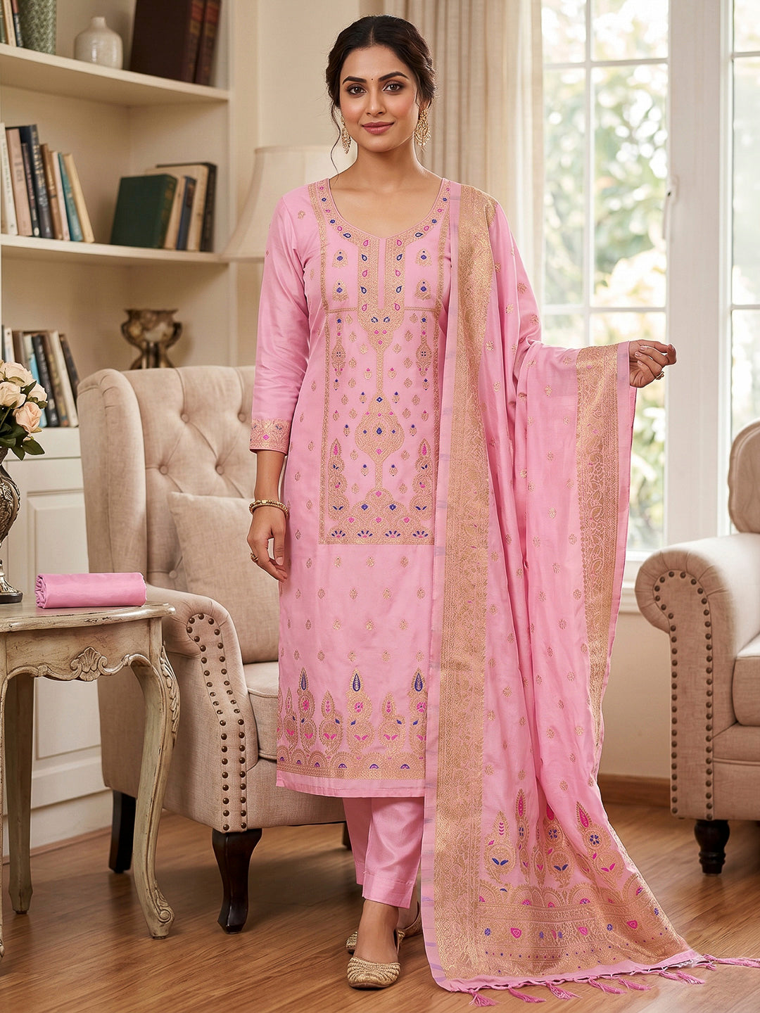 Pink-Lt Pure Soft Banarasi Silk Woven Design Unstitched Dress Material