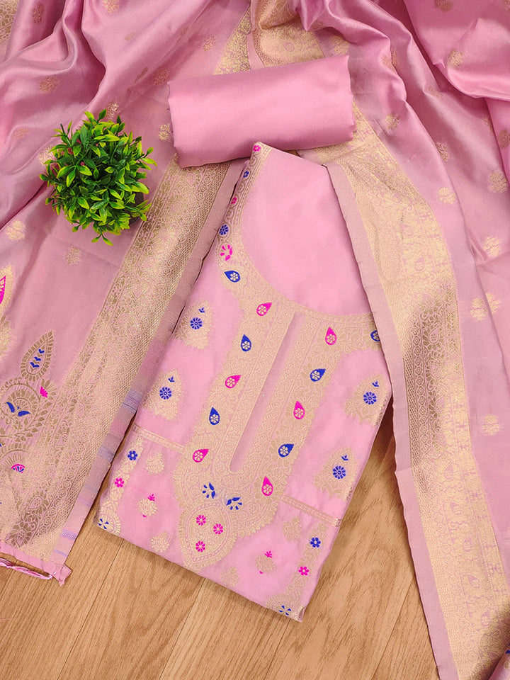 Pink-Lt Pure Soft Banarasi Silk Woven Design Unstitched Dress Material