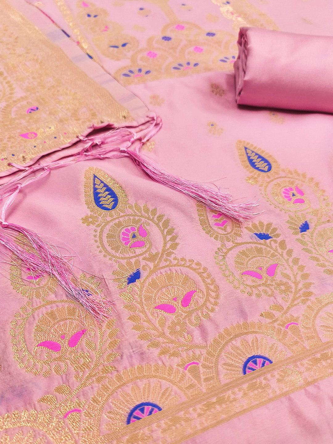 Pink-Lt Pure Soft Banarasi Silk Woven Design Unstitched Dress Material