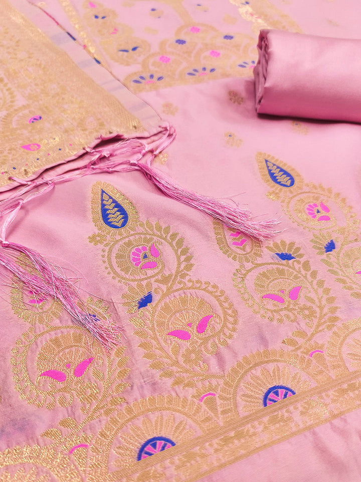 Pink-Lt Pure Soft Banarasi Silk Woven Design Unstitched Dress Material