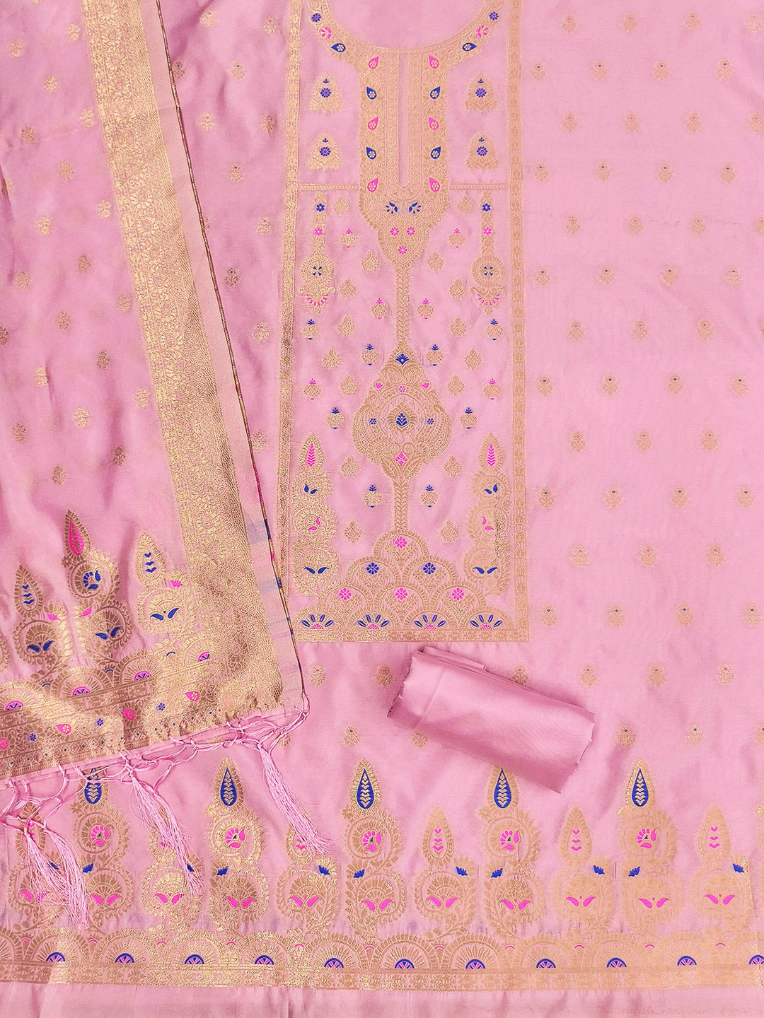 Pink-Lt Pure Soft Banarasi Silk Woven Design Unstitched Dress Material