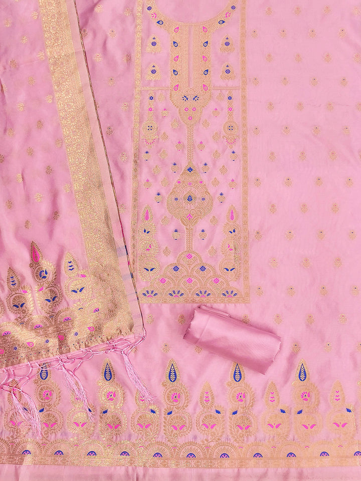 Pink-Lt Pure Soft Banarasi Silk Woven Design Unstitched Dress Material