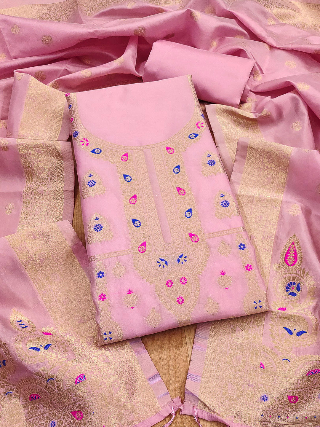 Pink-Lt Pure Soft Banarasi Silk Woven Design Unstitched Dress Material