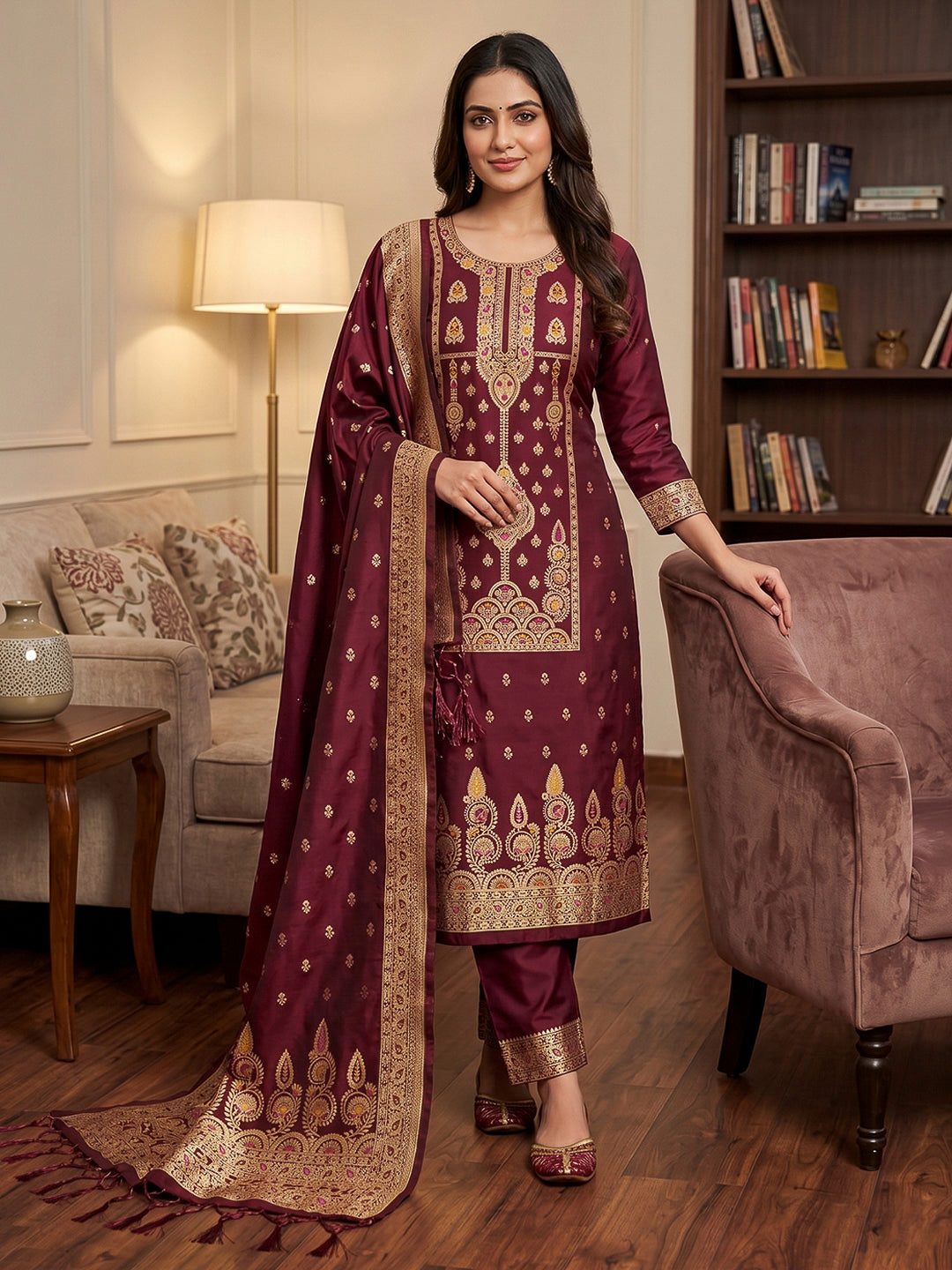 Maroon Pure Soft Banarasi Silk Woven Design Unstitched Dress Material