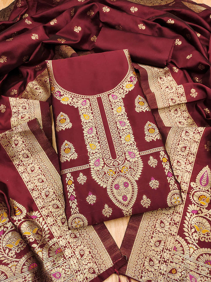 Maroon Pure Soft Banarasi Silk Woven Design Unstitched Dress Material