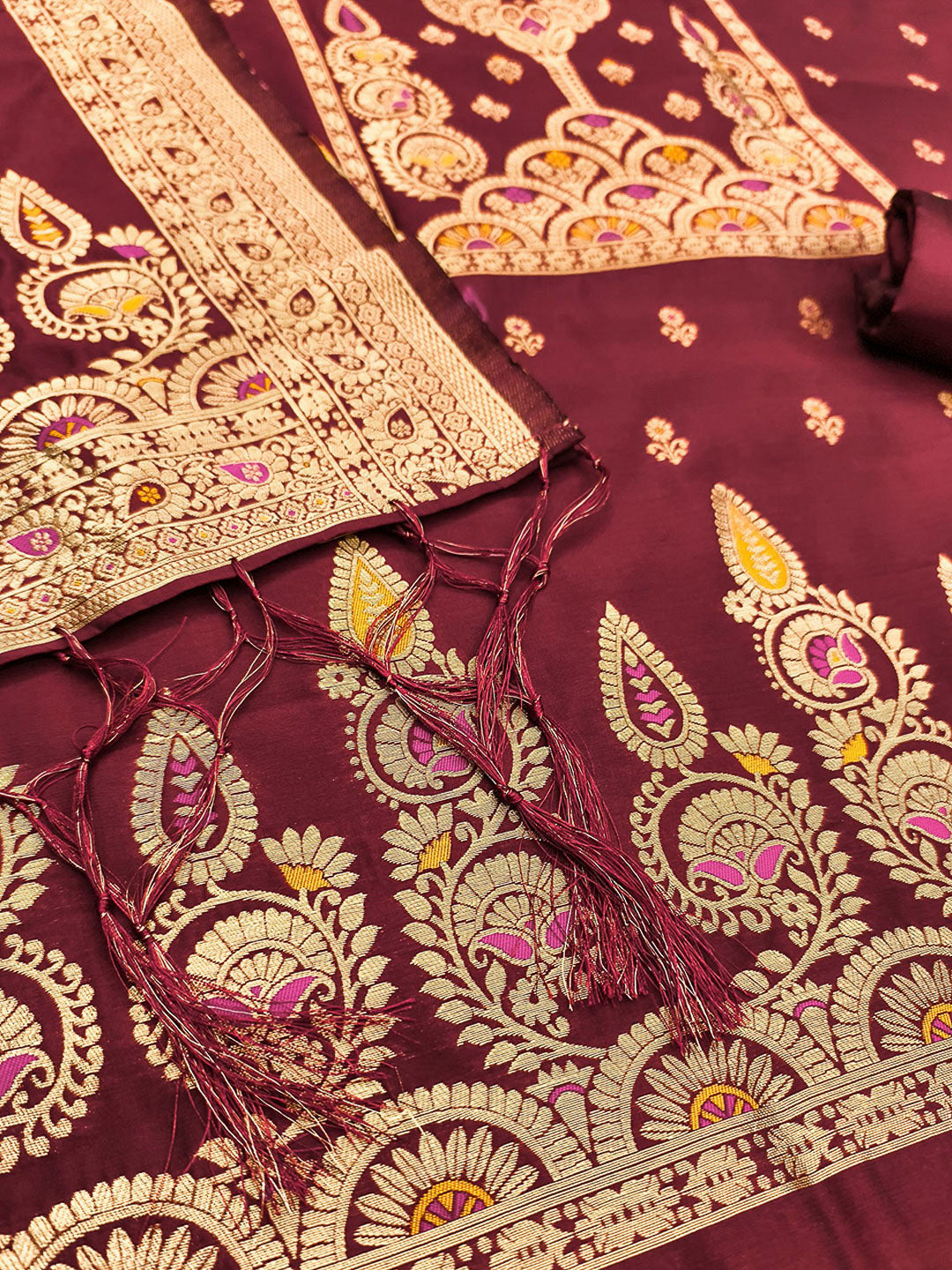 Maroon Pure Soft Banarasi Silk Woven Design Unstitched Dress Material