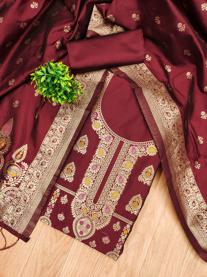 Maroon Pure Soft Banarasi Silk Woven Design Unstitched Dress Material