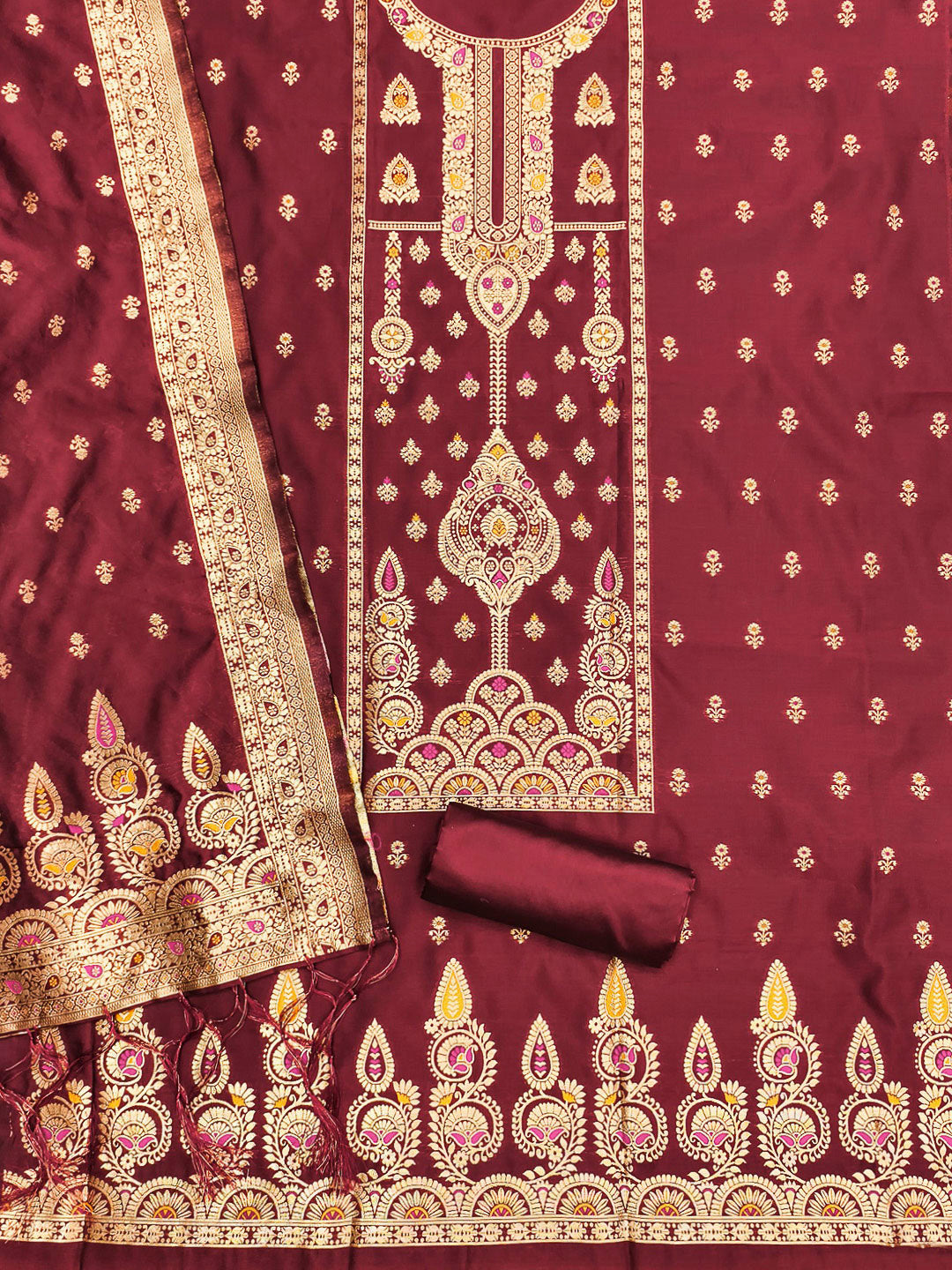 Maroon Pure Soft Banarasi Silk Woven Design Unstitched Dress Material