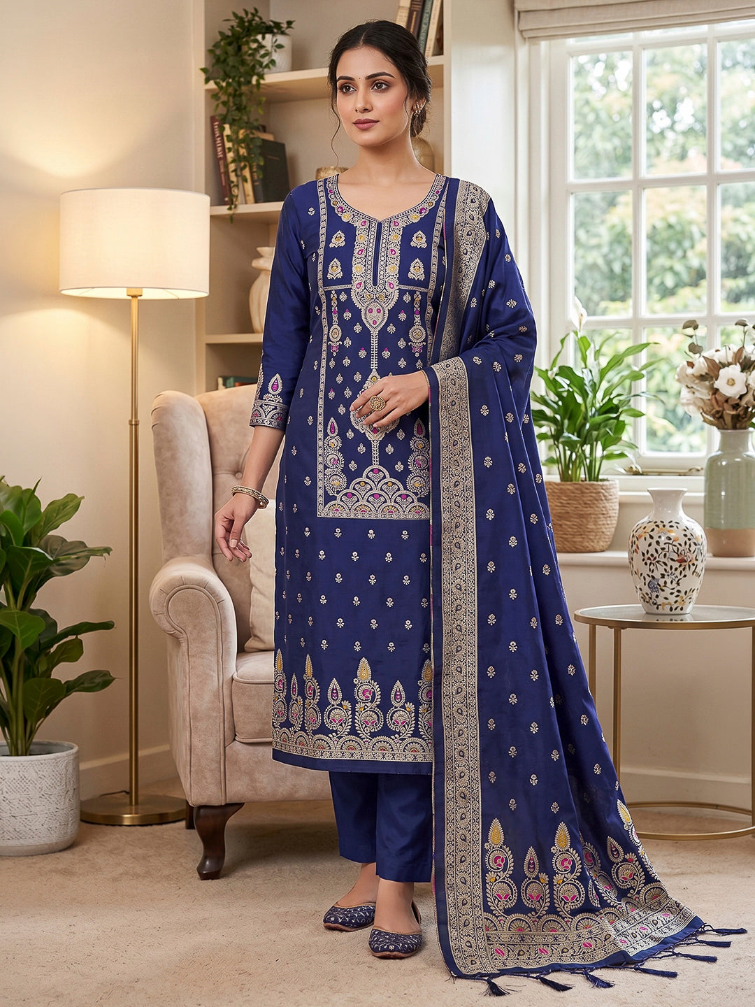 Navy-Blue Pure Soft Banarasi Silk Woven Design Unstitched Dress Material