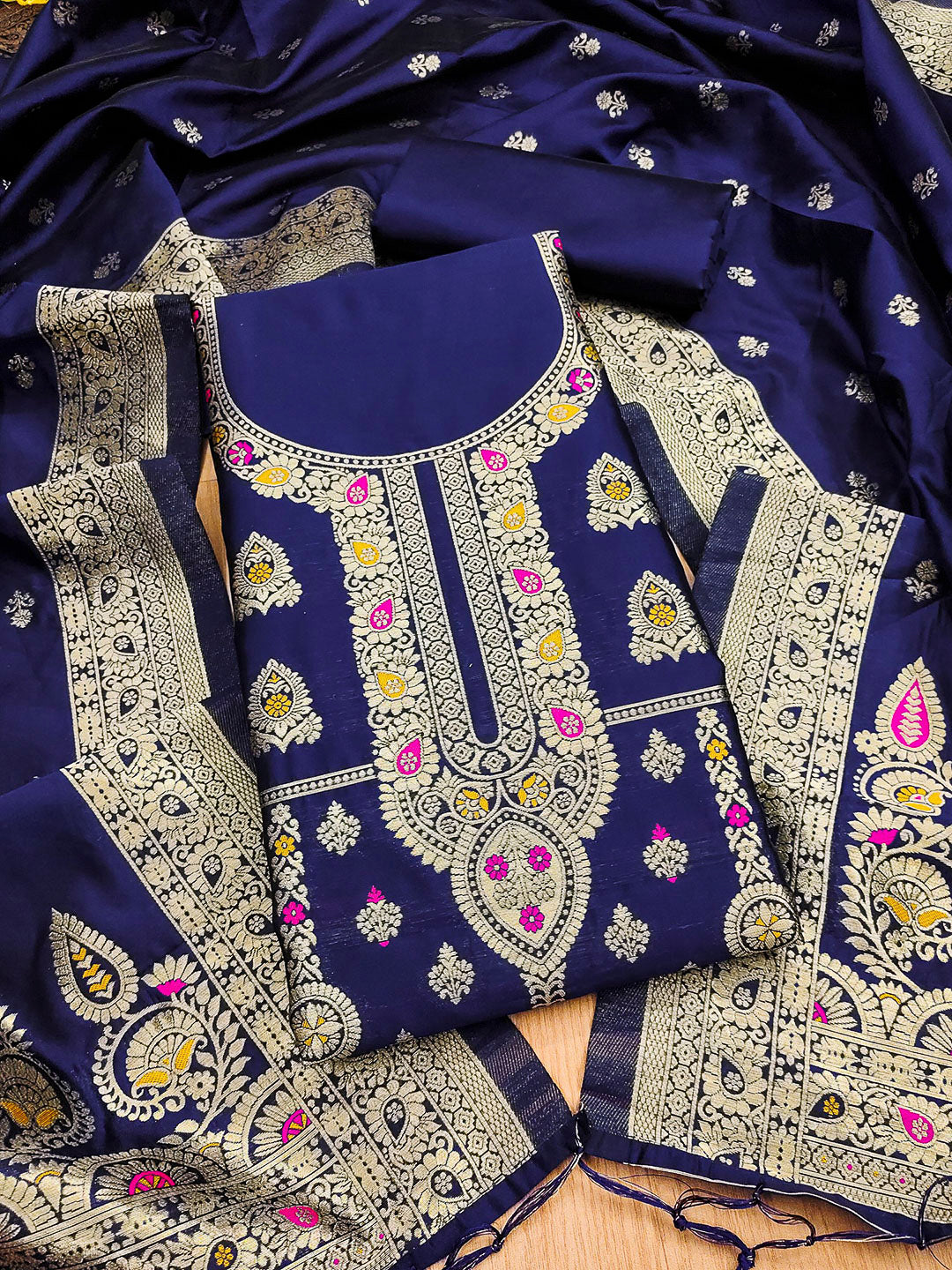 Navy-Blue Pure Soft Banarasi Silk Woven Design Unstitched Dress Material