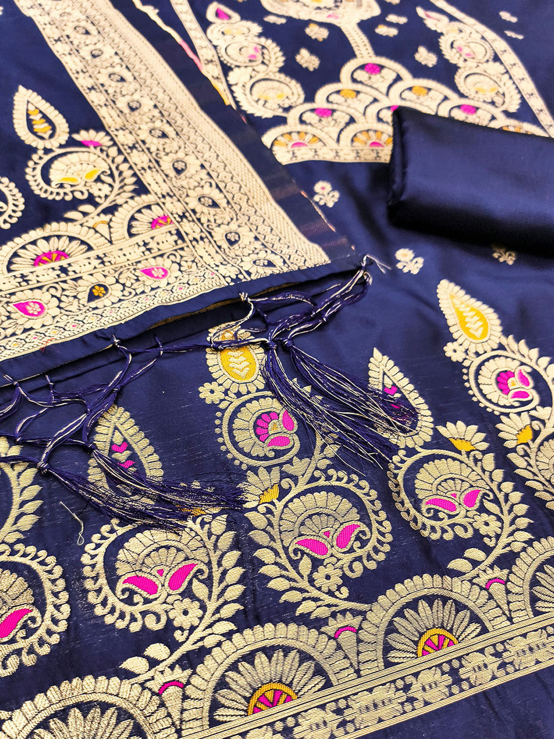 Navy-Blue Pure Soft Banarasi Silk Woven Design Unstitched Dress Material