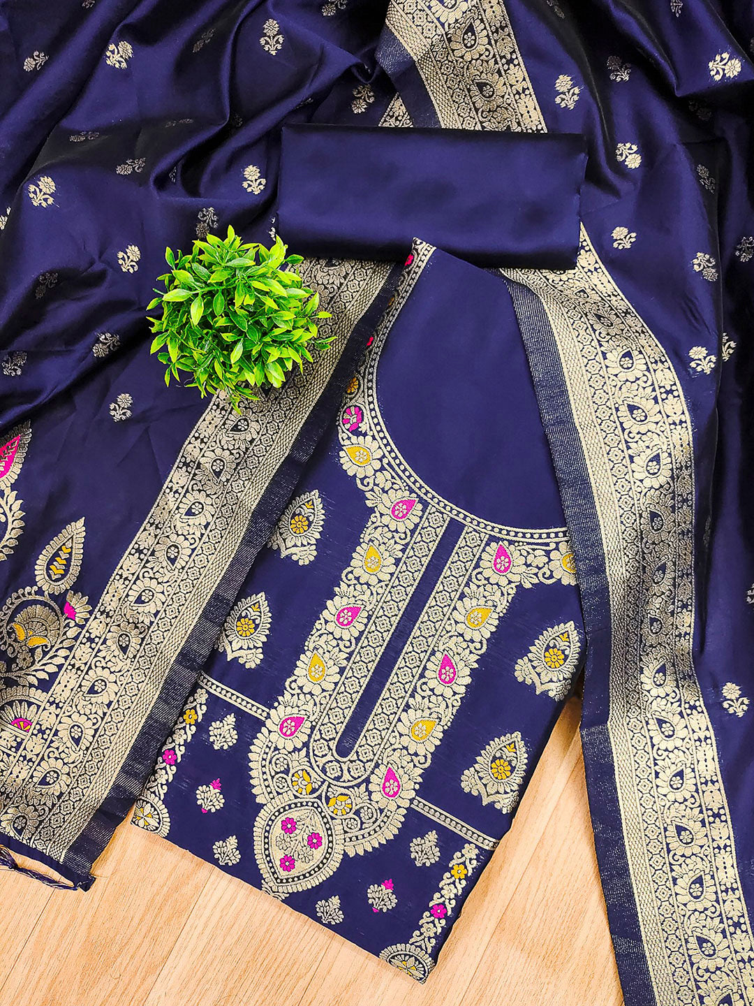 Navy-Blue Pure Soft Banarasi Silk Woven Design Unstitched Dress Material