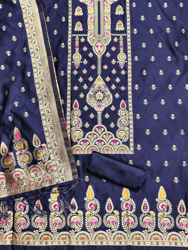 Navy-Blue Pure Soft Banarasi Silk Woven Design Unstitched Dress Material