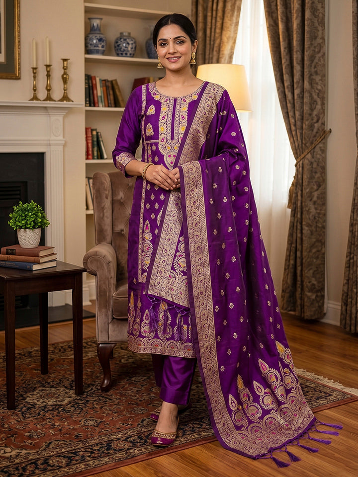 Purple Pure Soft Banarasi Silk Woven Design Unstitched Dress Material