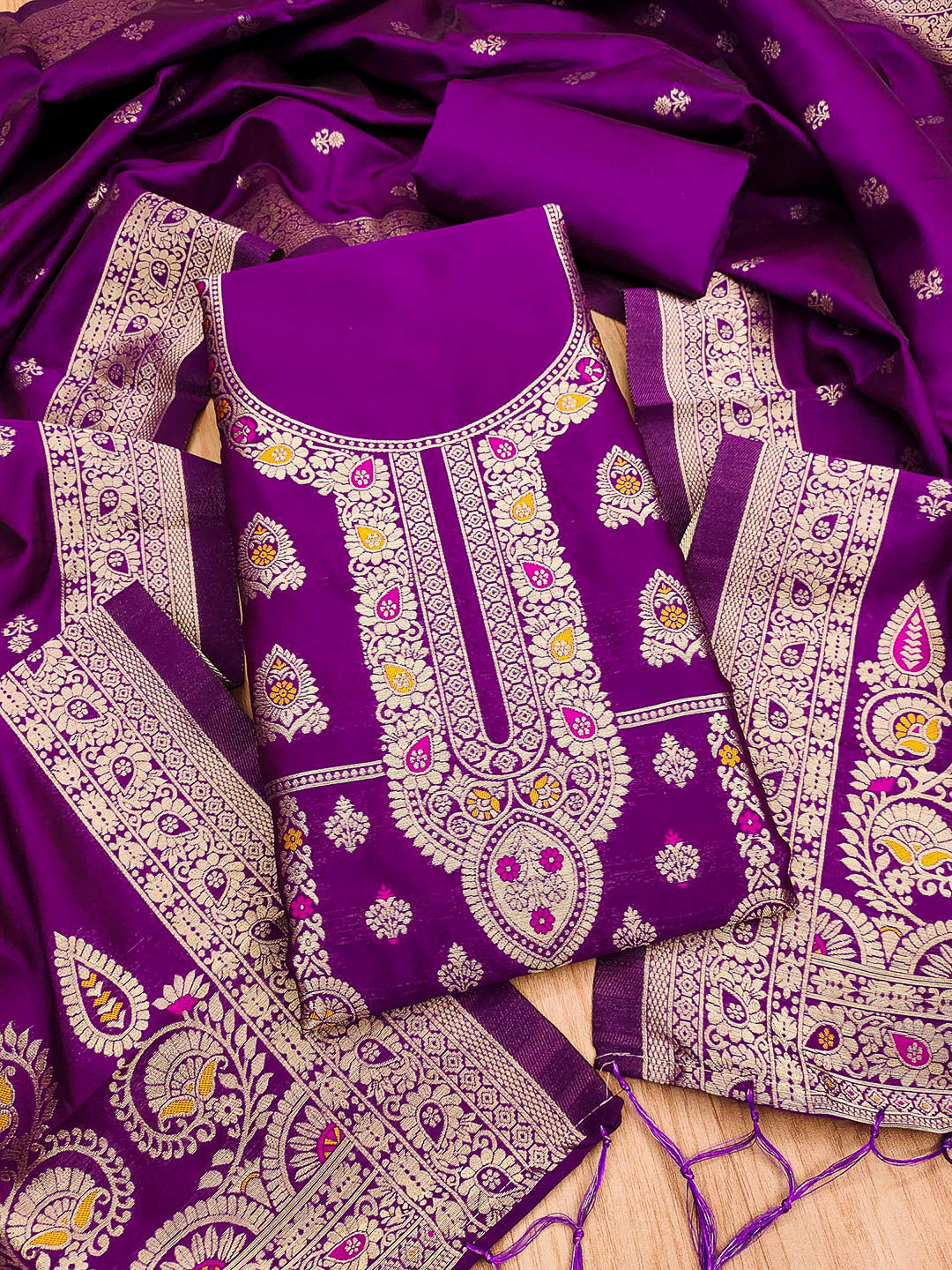 Purple Pure Soft Banarasi Silk Woven Design Unstitched Dress Material