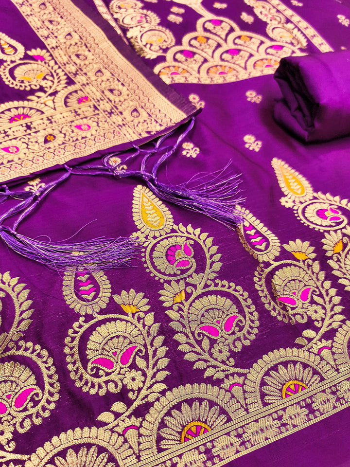 Purple Pure Soft Banarasi Silk Woven Design Unstitched Dress Material