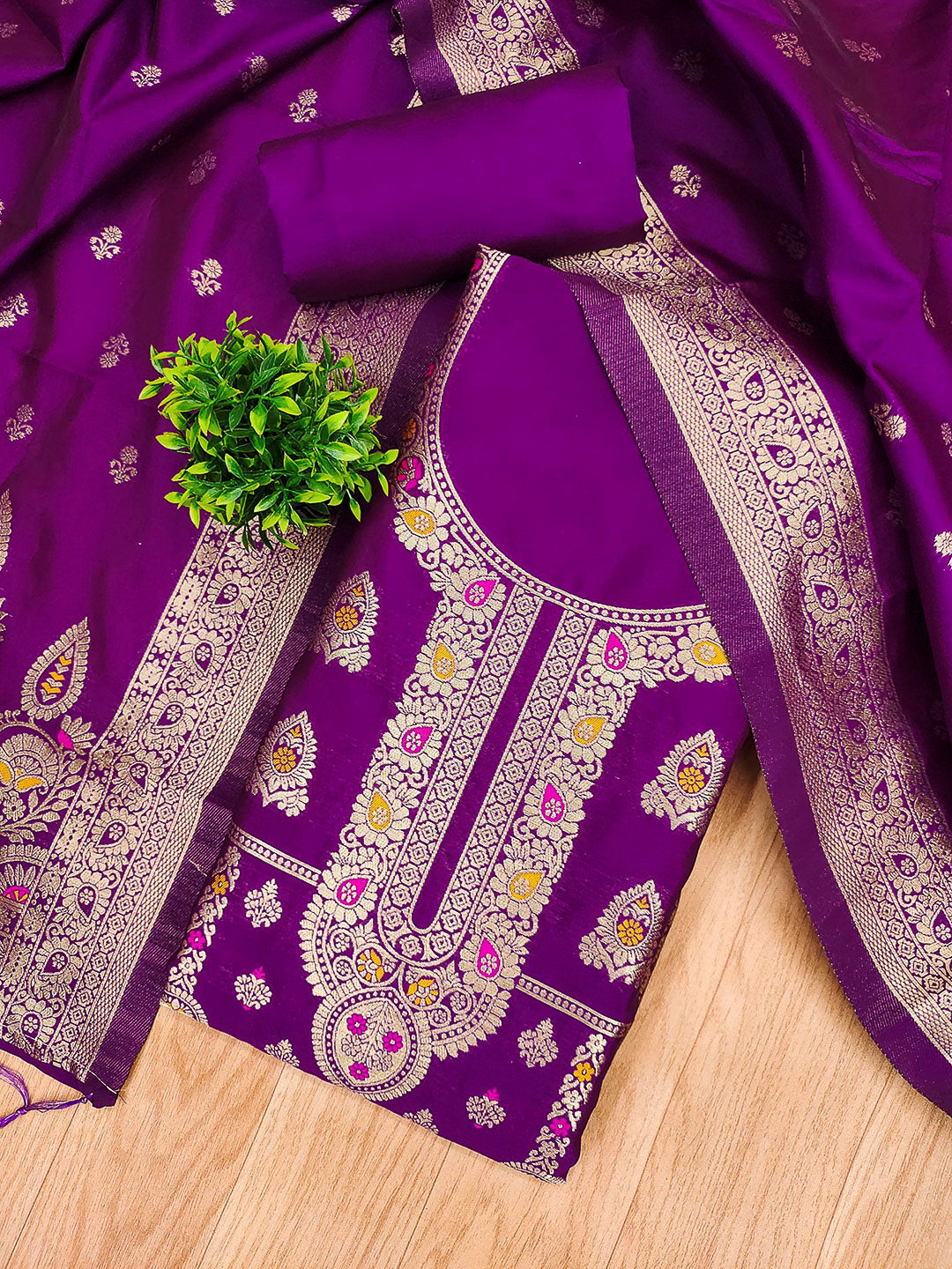 Purple Pure Soft Banarasi Silk Woven Design Unstitched Dress Material