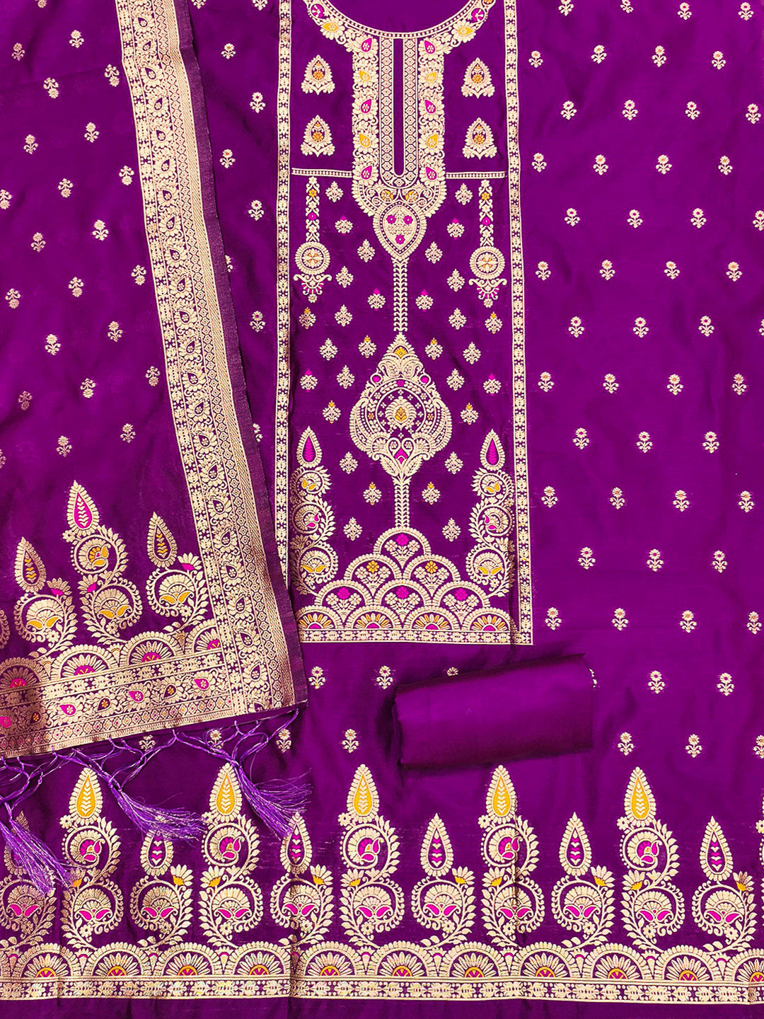 Purple Pure Soft Banarasi Silk Woven Design Unstitched Dress Material