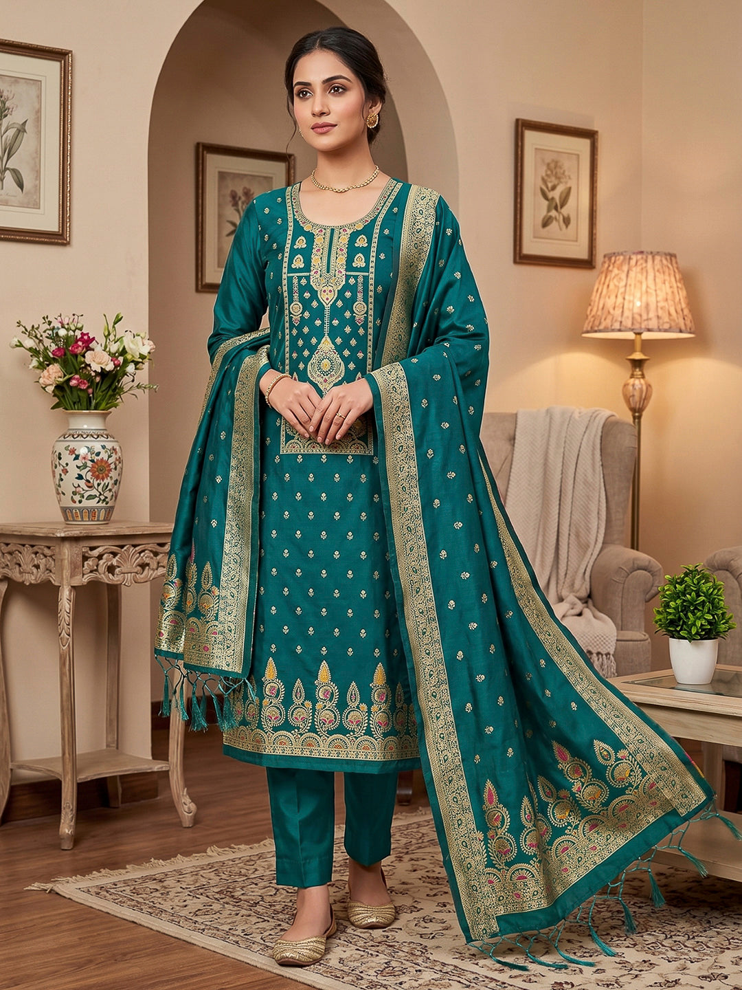 Rama-Green Pure Soft Banarasi Silk Woven Design Unstitched Dress Material