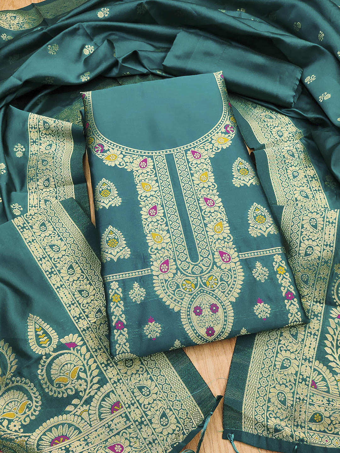 Rama-Green Pure Soft Banarasi Silk Woven Design Unstitched Dress Material