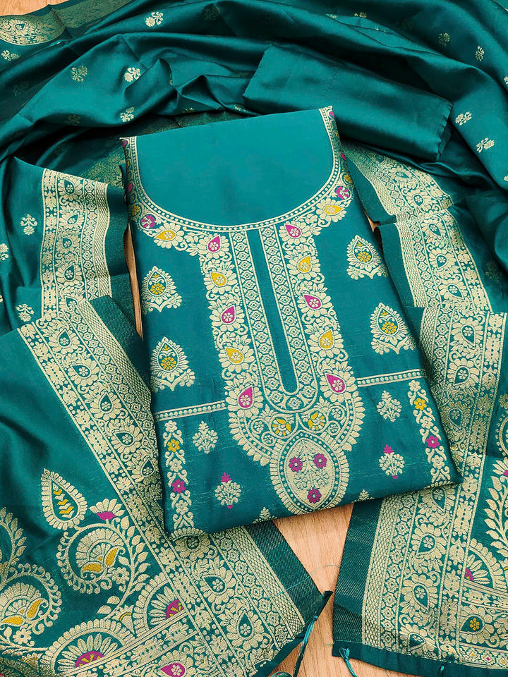 Rama-Green Pure Soft Banarasi Silk Woven Design Unstitched Dress Material