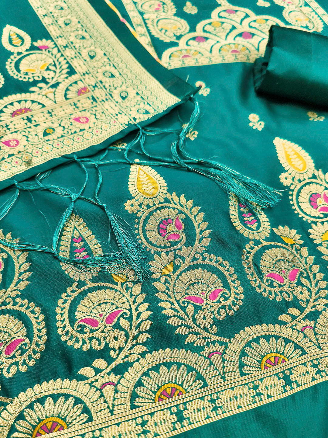 Rama-Green Pure Soft Banarasi Silk Woven Design Unstitched Dress Material