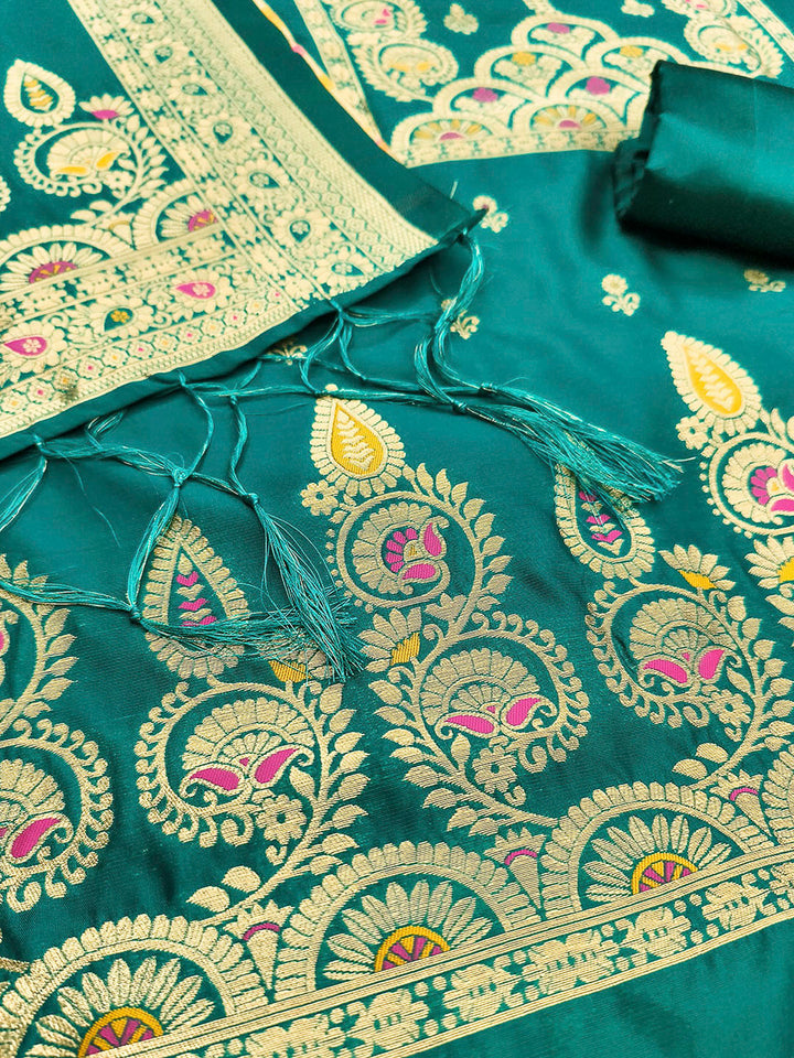 Rama-Green Pure Soft Banarasi Silk Woven Design Unstitched Dress Material