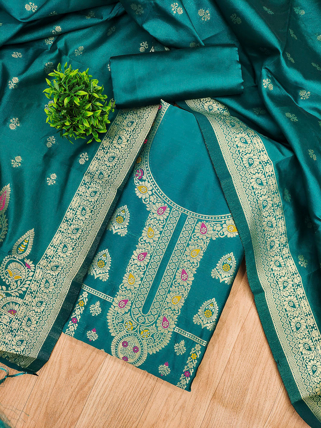 Rama-Green Pure Soft Banarasi Silk Woven Design Unstitched Dress Material