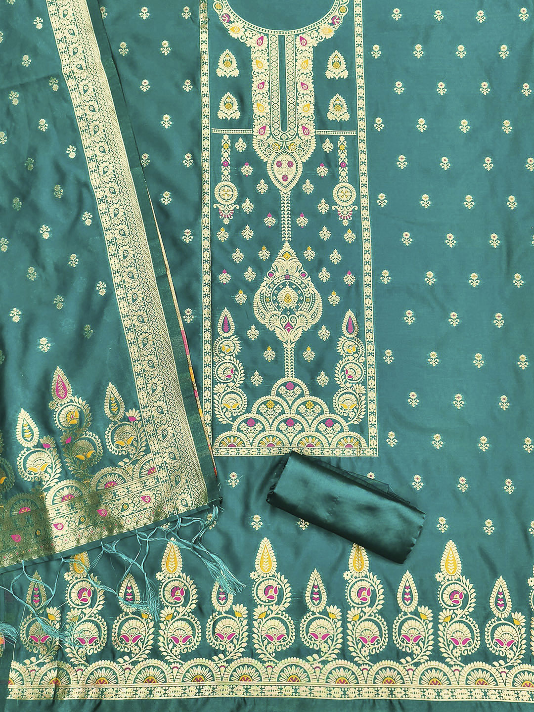 Rama-Green Pure Soft Banarasi Silk Woven Design Unstitched Dress Material