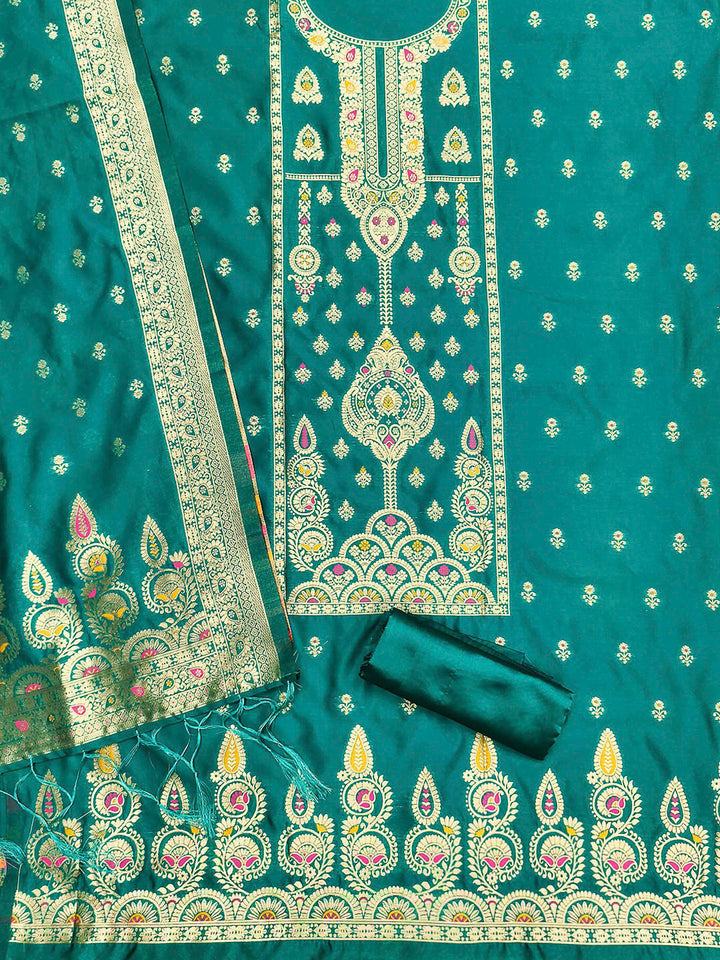 Rama-Green Pure Soft Banarasi Silk Woven Design Unstitched Dress Material