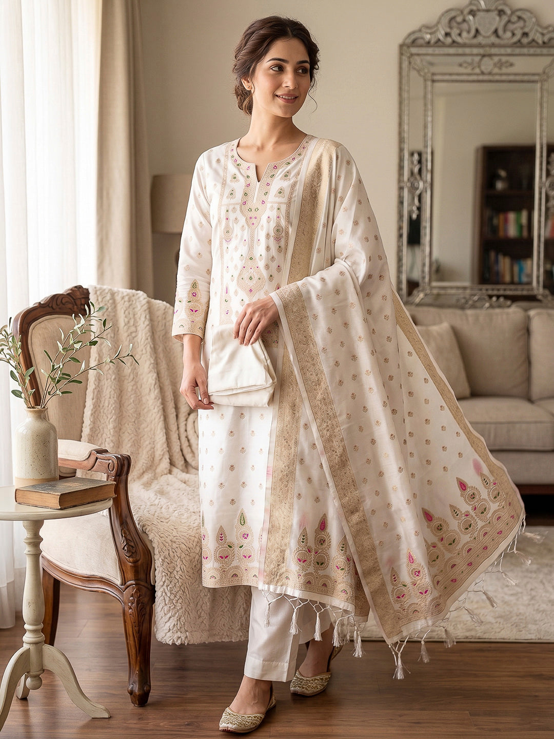 White Pure Soft Banarasi Silk Woven Design Unstitched Dress Material