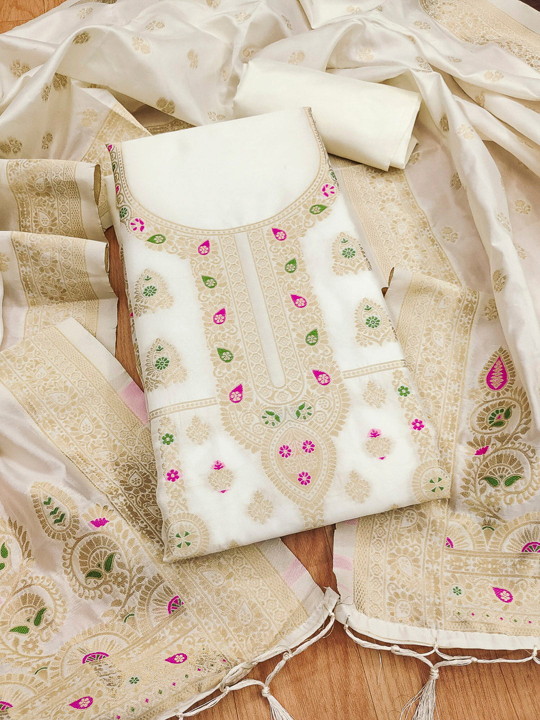 White Pure Soft Banarasi Silk Woven Design Unstitched Dress Material